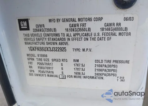 2003 GMC Yukon Xl 1500 Denali из США, поврежденный, VIN 1GKFK66UX3J322925